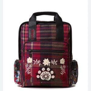 Plaid Backpack with Floral Embroidery